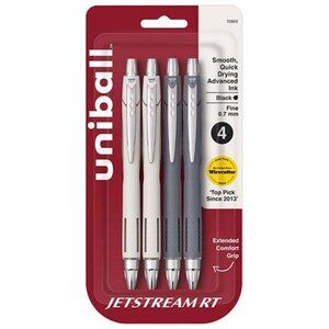 Uniball Jetstream Retractable Pens 0.7mm 4/Pk White Gray w/BLK Ink Office School